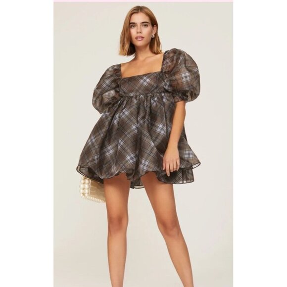 Selkie The Plaid Puff Dress Brown Black Organza Babydoll Mini Size Medium - Picture 4 of 11